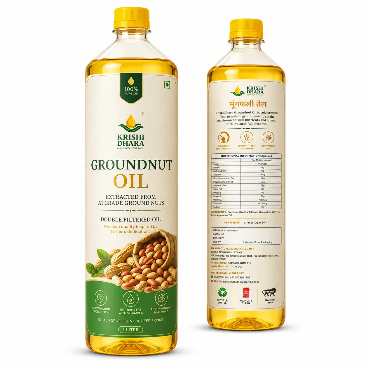Krishi Dhara Groundnut Oil 1 Liter Bottle Front And Back Side